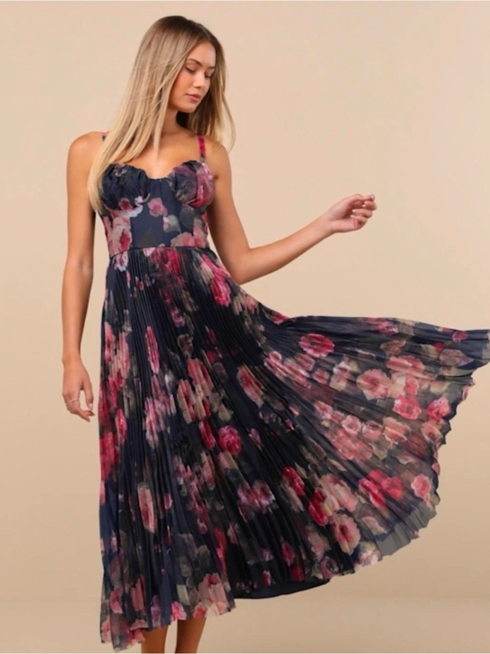 LULU’s Watercolor Floral Pleated Midi Dress in Navy and Pink Size XL - NWT